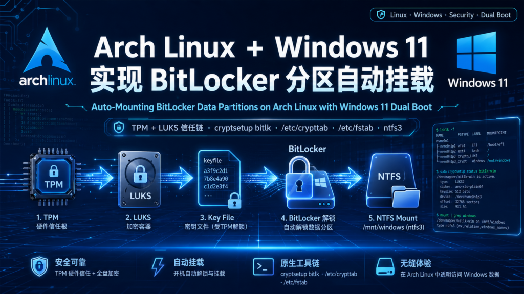 Arch Linux + Windows 11 实现 BitLocker 分区自动挂载 Arch Linux + Windows 11 实现 BitLocker 分区自动挂载